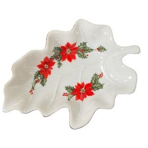 Vintage Lefton China Christmas Poinsettia & Holly Berry Leaf Shaped Dish EUC
